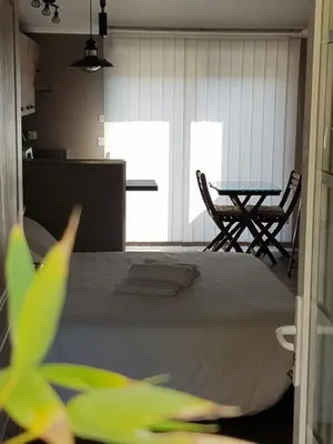 a room with a bed and a table and chairs at Gîte Les Roseaux Spa extérieur privatif inclus in Moussan
