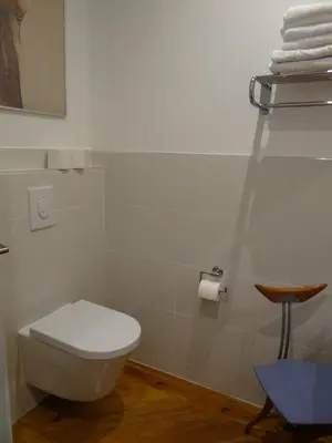 a bathroom with a toilet and a chair and towels at La Grande Maison in Cambieure