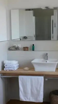 a bathroom with a sink and a mirror and towels at La Grande Maison in Cambieure