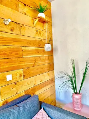 a living room with a blue couch and a wooden wall at Just Like home in Carcassonne in Carcassonne