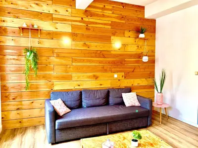 a couch in a living room with a wooden wall at Just Like home in Carcassonne in Carcassonne