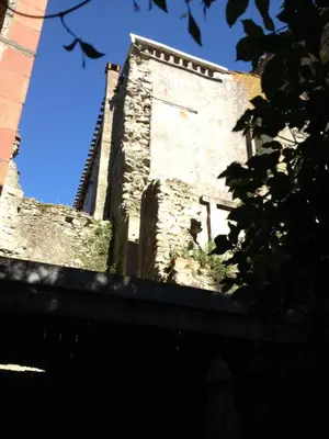 a tall building with a ladder on the side of it at Maison près Cité de Carcassonne in Villalier