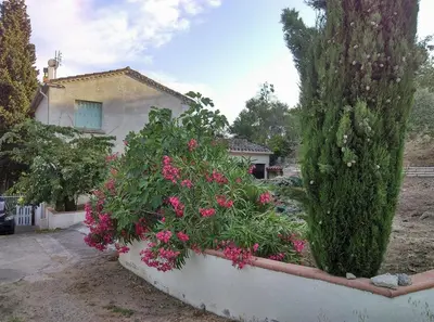 a planter with pink flowers in front of a house at Gîte avec vue imprenable sur la Cité in Carcassonne