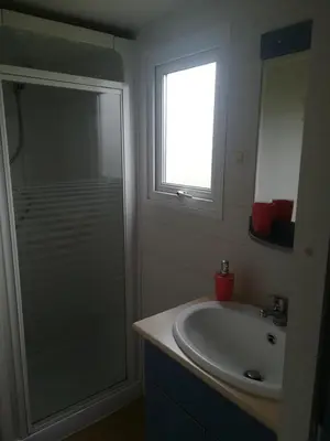 a bathroom with a sink and a shower with a window at Les chalets de Bes 