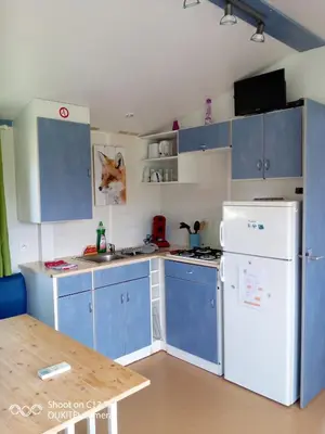 a kitchen with blue cabinets and a white refrigerator at Les chalets de Bes 