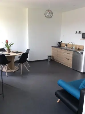 a living room with a table and a kitchen at villa du chai studio pyrénées in Lézignan-Corbières