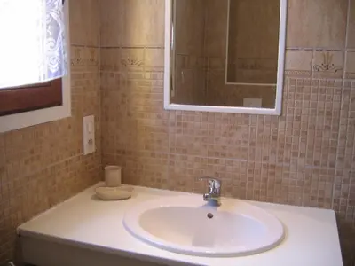 a bathroom with a sink and a mirror at Le Jardin des Gorges in Belvianes-et-Cavirac