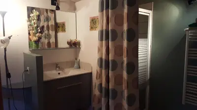 a bathroom with a sink and a shower curtain at Le Jardin des Gorges in Belvianes-et-Cavirac