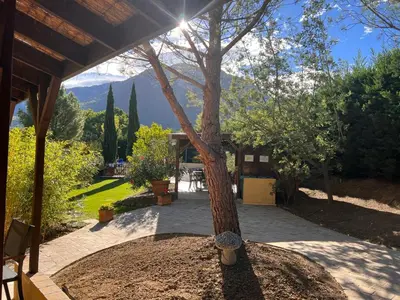 a house with a tree in a yard at Le Jardin des Gorges in Belvianes-et-Cavirac
