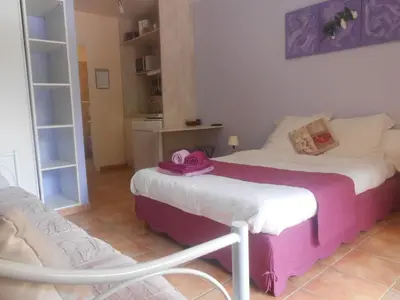 a room with two beds and a mirror at Le Jardin des Gorges in Belvianes-et-Cavirac