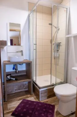 a bathroom with a shower and a toilet and a sink at La Barbacane in Sigean