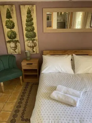 a bedroom with a bed and a chair and a mirror at Le Logis des Remparts à l'intérieur de la Cité médiévale, Jardin privé, Parking inclus in Carcassonne