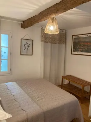 a bedroom with a bed and a chandelier at Le Logis des Remparts à l'intérieur de la Cité médiévale, Jardin privé, Parking inclus in Carcassonne
