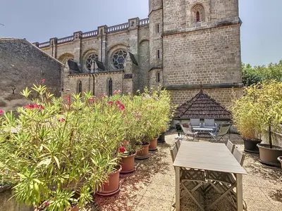 a building with a bunch of potted plants and a table at Apartment La Terasse in Carcassonne