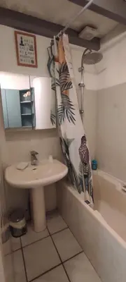 a bathroom with a sink and a shower curtain at Gites Vert à la mer climatisation dans toutes les pièces in Port-la-Nouvelle