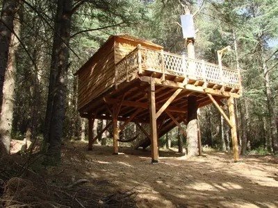 a wooden tree house in the middle of a forest at Cabane Écureuil & Cabane Chevreuil in Fournes-Cabardès