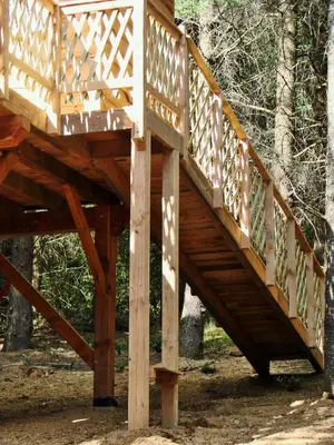 a wooden staircase in a forest with trees at Cabane Écureuil & Cabane Chevreuil in Fournes-Cabardès