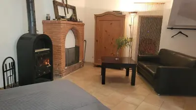 a living room with a fireplace and a couch at L'Esprit du vallon de Berlou in Berlou