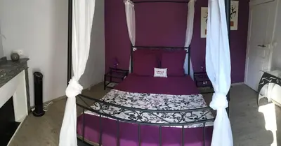 a bedroom with a canopy bed with purple walls at Côté chateau in Carcassonne