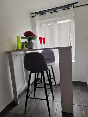 a desk with two chairs and a table with flowers at Le camélia de la mazarié in Saint-Vincent