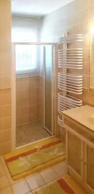 a bathroom with a shower with a glass door at Maison chaleureuse à Nages avec vue sur lac et montagne in Nages
