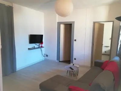 a living room with a couch and a tv at Appartement avec Terrasse in Narbonne