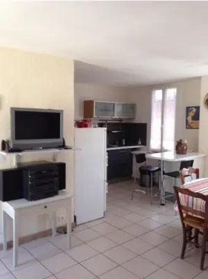 a living room with a flat screen tv and a kitchen at Maison du Charron in Azillanet