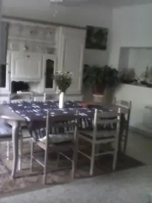 a dining room table and chairs with a blue table cloth at La maison des vendangeurs in Trausse