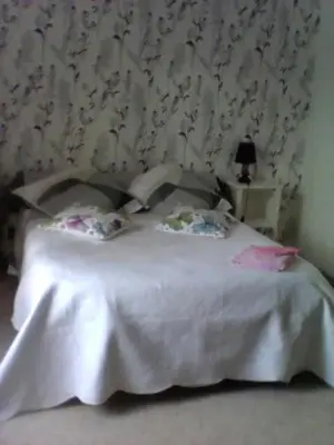 a bedroom with a white bed with a white blanket at La maison des vendangeurs in Trausse