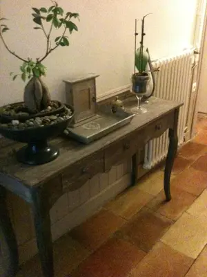 a wooden table with a plant on top of it at Domaine Le Village in Villenouvelle
