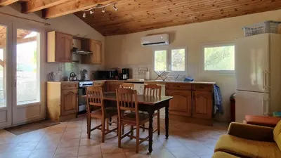 a kitchen with a table and chairs and a refrigerator at Gite complex near Mirepoix in the Pyrenees in Limbrassac