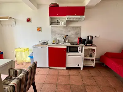 a small kitchen with a sink and a microwave at Studio au Coeur du Village avec terrasse et parking proche de Pamiers in Verniolle