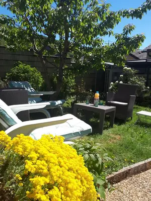 a garden with chairs and a table and yellow flowers at Chez Charlotte et Michel in Brassac