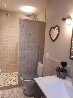 a bathroom with a toilet and a heart mirror at Chambres d hôtes Le clos des vins d anges in Saint-Pierre-des-Champs