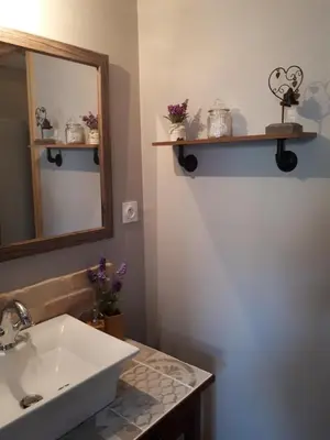 a bathroom with a sink and a mirror at Chambres d hôtes Le clos des vins d anges in Saint-Pierre-des-Champs