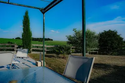 a patio with two chairs and a table with a view of a field at Gîte Lempery in Puéchoursi