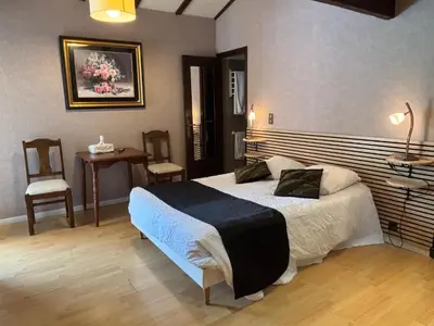 a bedroom with a bed and a table and a chair at Domaine de Hurlevent in Montgaillard-Lauragais