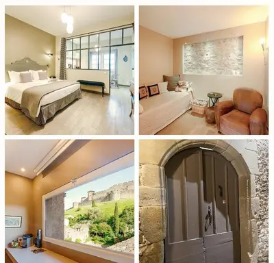 a collage of four pictures of a hotel room at Pelletier du Claux in Carcassonne