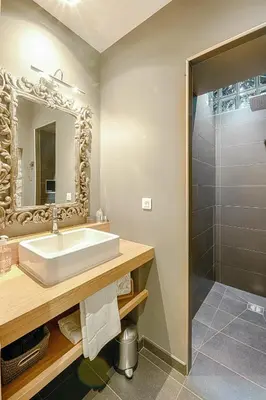 a bathroom with a sink and a shower at Pelletier du Claux in Carcassonne