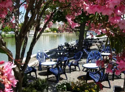 a group of chairs and tables next to a river with pink flowers at La Maison du Canal - Canal Studio in Homps