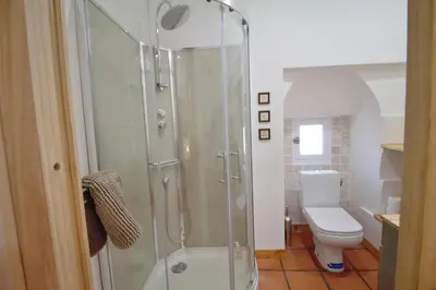 a bathroom with a shower and a toilet at La Maison du Canal - Canal Studio in Homps