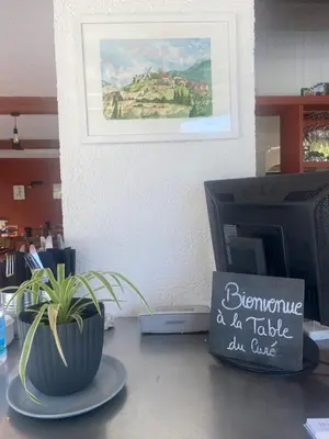 a computer monitor sitting on a desk with a plant at Auberge la Table du Curé in Cucugnan