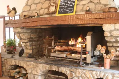 a large stone fireplace with a turkey in it at Logis hôtel restaurant Auberge de l'Espinouse in Fraisse-sur-Agout