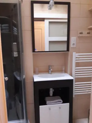 a bathroom with a sink and a mirror at La Coulée Douce - Chez Antoine in Castelnaudary