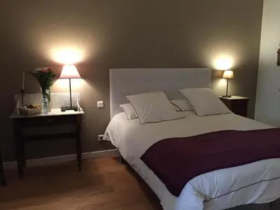 a bedroom with a large bed with two lamps at Chambres Ambroisie in Gueytes-et-Labastide