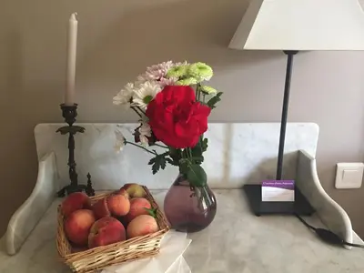 a vase with flowers and a basket of apples on a table at Chambres Ambroisie in Gueytes-et-Labastide