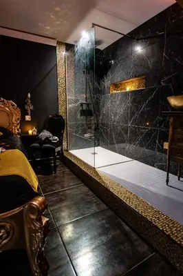 a bedroom with a shower with a glass door at Suite Romantique in Narbonne