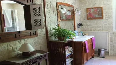 a bathroom with a sink and a mirror at Villa La Milouyette in Peyriac-Minervois