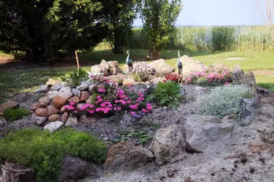 a garden with flowers and rocks in a yard at Domaine de la Pendule in Issel