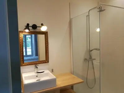 a bathroom with a sink and a shower with a mirror at Gîte Maison de l'Abbé in Sorèze